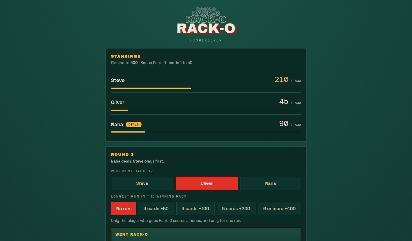 Rack-O Scorekeeper mid-game, showing standings and the round entry